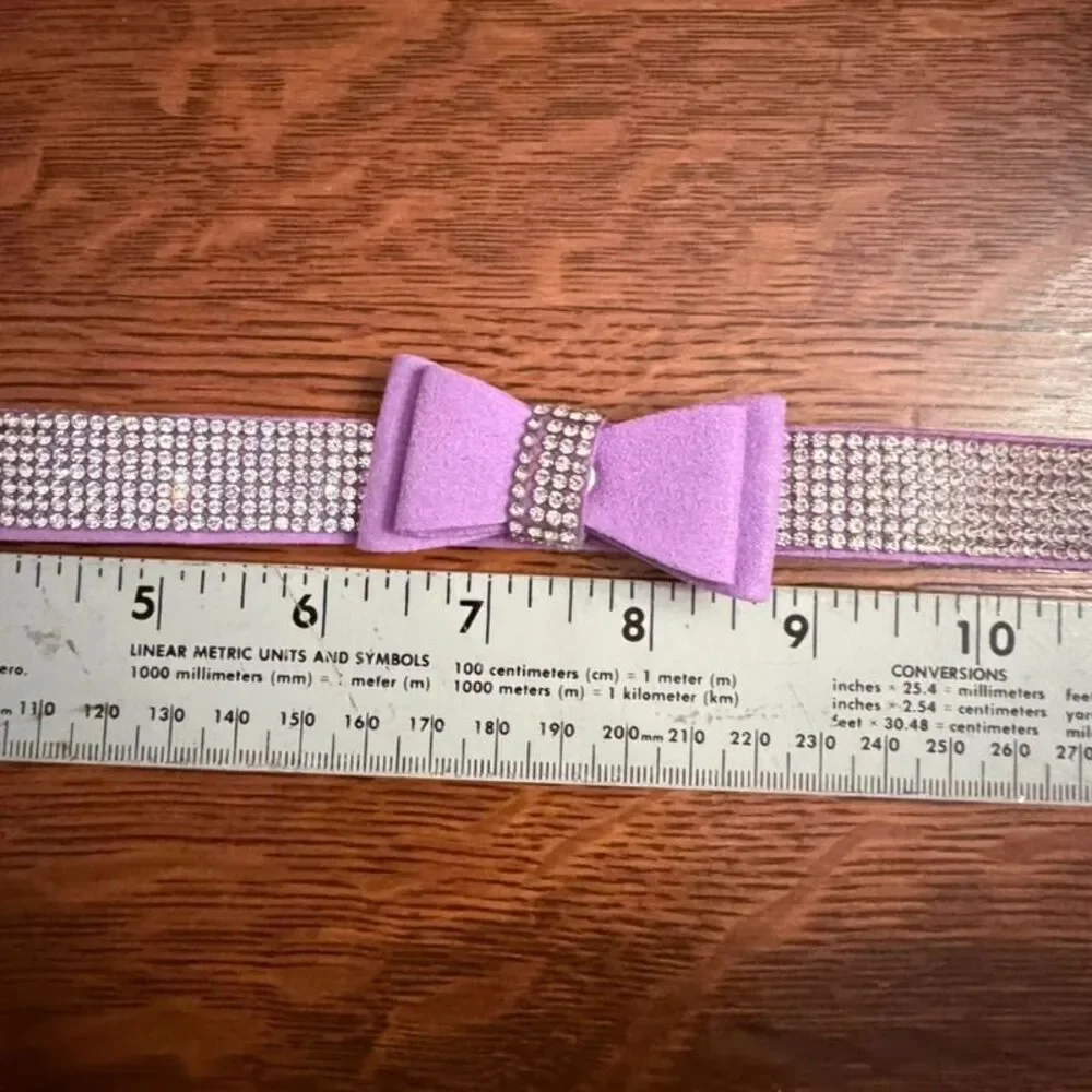 Purple Suede Rhinestone Bow Dog Collar Bling Crystal Pet Collar Medium